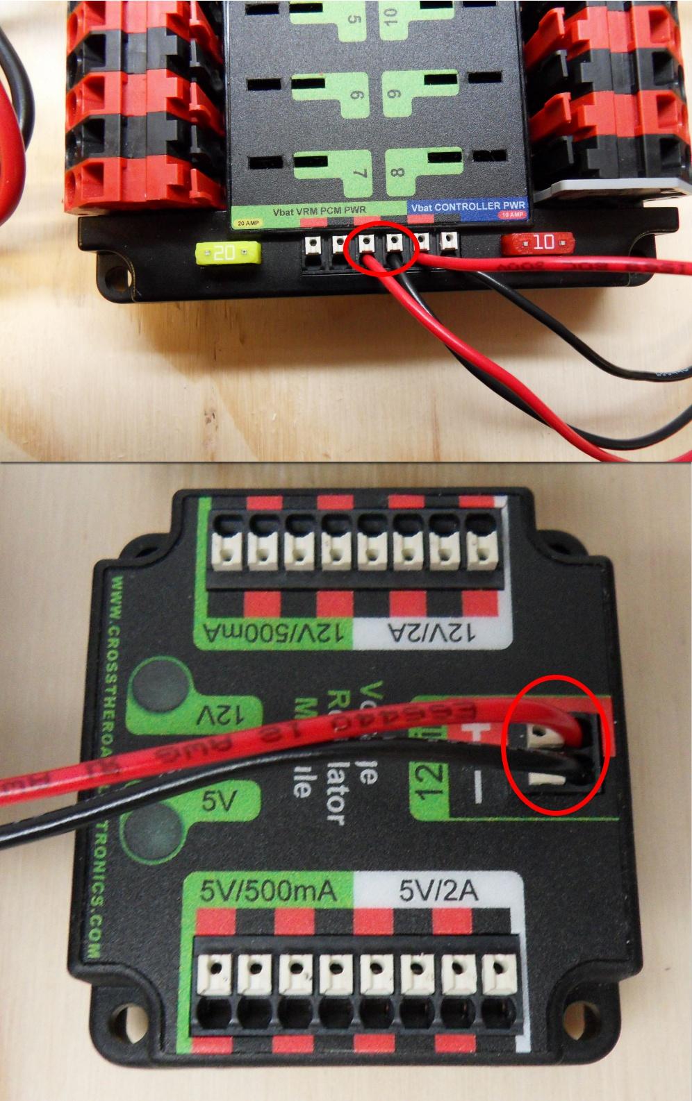 2. Strip ~5/16" on both the red and black 18AWG wire and connect to the "Vbat Controller PWR" terminals on the PDB 3. Measure the required length to reach the power input on the roborio.