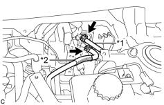 (a) Move the 2 clips and disconnect the No. 1 reservoir hose and No. 2 reservoir hose from the brake booster with master cylinder assembly. Text in Illustration *1 No.