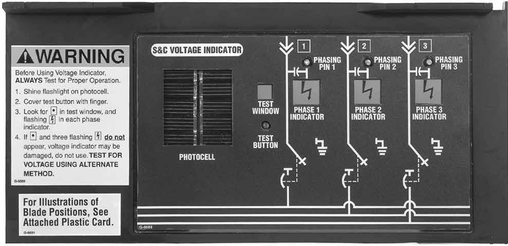 Checking for Voltage Using Optional Voltage Indication PHOTOCELL TEST WINDOW TEST BUTTON PHASE INDICATOR WARNING Before using a voltage indicator, ALWAYS test for proper operation.
