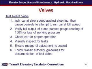 REVIEW slide Test the relief valve by inching the car at slow speed against the stop ring then cause the controls to attempt to run the car at full speed.