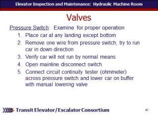 REVIEW slide Where a pressure switch is provided, examine it for proper operation. First, place the car at any landing except the bottom landing.