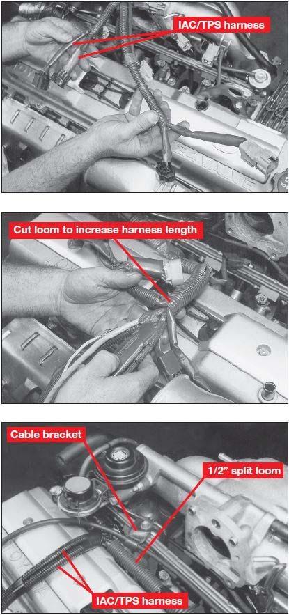 24) Relocate the existing TPS (Throttle Position Sensor) and IAC (Idle Air Control) harness connectors as follows: a) Disconnect the main wire harness from the engine connections as shown.
