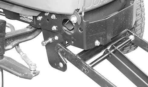 (). Pivot the lift frame to align the lift arm brackets () with the mounting holes in the front weight bracket () and install the 5/8 in mounting pin (H) through the brackets from the right side.