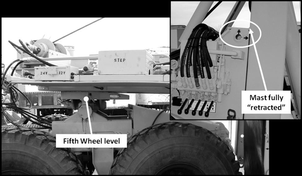 90 SIDE PULL WINCHING WITH THE 35K WINCH Continued 0011.4 00 7. Using the remote control, RETRACT the mast fully.(figure 5 inset) 8. Using the remote control. EXTEND the booms to bring the fifth wheel level and stow the transport legs.