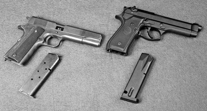 Small Arms for Urban Combat The beloved U.S. M1911A1.45 Colt-Browning (left) next to its 9mm replacement, the Beretta M9 (R.D. Ward, Department of Defense). use.