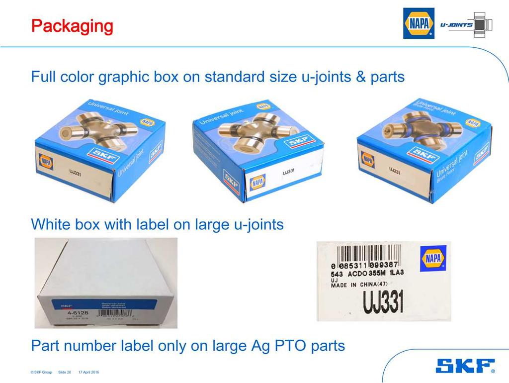 Page 20 All standard sized u-joints come in a full color graphic box.
