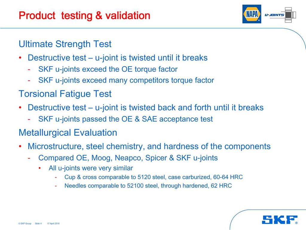 Page 4 The SKF universal joints were thoroughly tested to verify that they are true Premium quality parts.