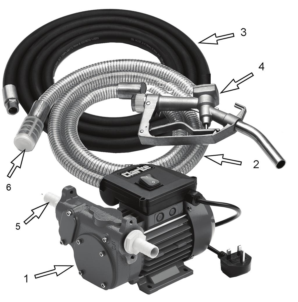 CONTENTS ITEM DESCRIPTION 1 230 volt fuel transfer pump 2 Transparent Inlet (suction) Hose(1 BSP end fittings) 3 Rubber Outlet (delivery) Hose (1 BSP end