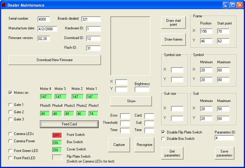 Operation of the photointerruptor can be checked on the Maintenance : section of the Dealer4 software: After entering the Maintenance window look at the five text boxes under Labels Photo5-1.
