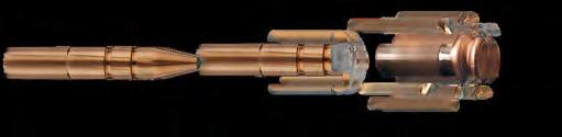 It promotes the separation of the two bullet cores of differing hardness and is responsible for the dual action of the bullet: The front section rapidly disintegrates at the strike, delivering a