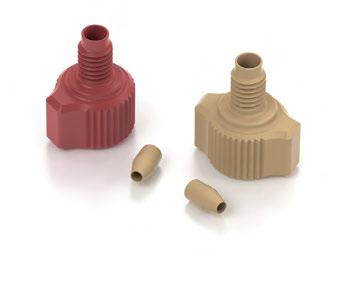 35 Two-Piece Fingertight Fittings Designed to connect tubing to 10-32 coned ports Ferrules available for directly connecting 1/16, 1/32, 360 µm, or 190 µm OD tubing Economical, replace only the