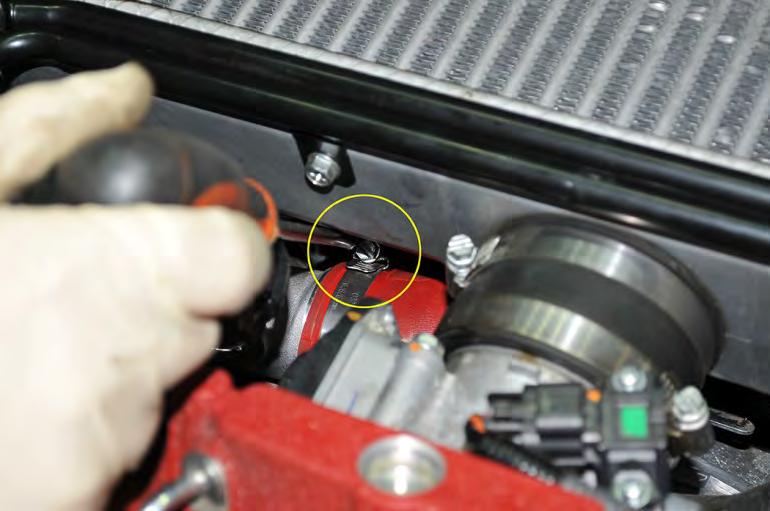 6. Using a flat head screw driver, loosen the hose clamp on the turbo discharge silicone coupler. 7.