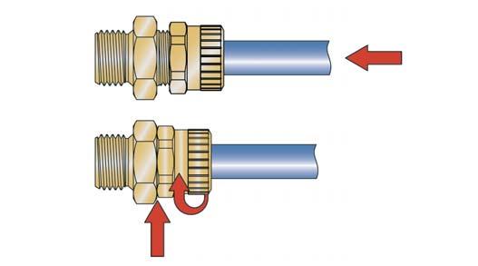 Plug connectors with full through flow 32 Screw joints with high requirements regarding the retention form Functional principle 2500 The hose is plugged-in in the pre-assembled screw-joint.
