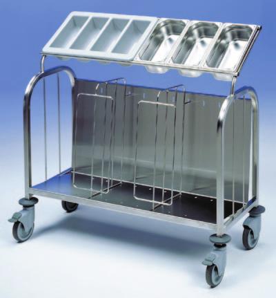 fitted as standard g Canteen / Dining areas g Room service g 2 or 3 tier options g Hook on refuse bin Tray / Plate + Cutlery one piece back and base g Stainless 25x25mm box section frame g Stainless
