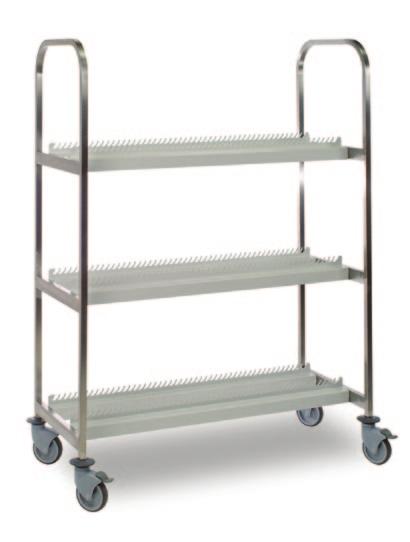 stored over 3 levels (8x 500x500 baskets per level) g Racks stored at inclined position to facilitate drip draining g Rear restraining bars to prevent racks from toppling g
