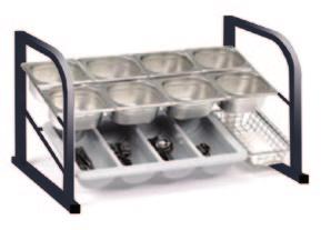 construction g Steel 8mm wire frames for trays g One piece formed sides g Black and grey standard colours Models 3 tray unit 2 tray unit + solid removable base / shelf Dimensions 630x600x1000mm high