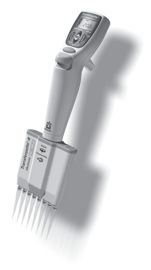 Operating Elements The Transferpette -8/-12 electronic is a microprocessorcontrolled, battery-operated, piston-stroke multichannel pipette, which has been optimized for ergonomic operation and ease