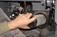 AIR FILTER FOR SAFETY: Before leaving or servicing machine, stop on level surface, set parking brake, turn off machine, and remove key.