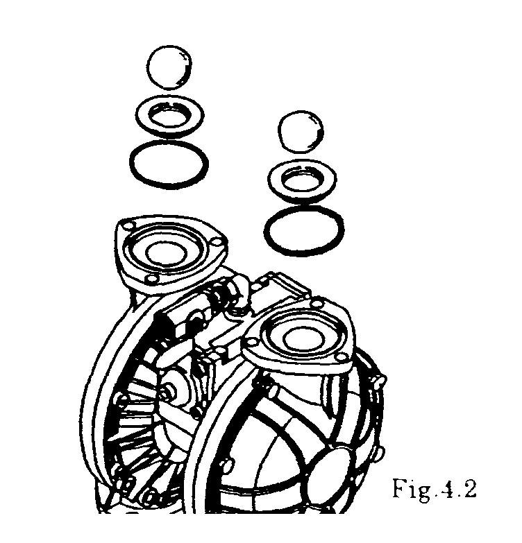) Remove the 6 (8 on the NDP-80) retainer bolts 1 from the out manifold, and remove the out manifold. [Fig. 4.1.] Remove the ball, valve seat and O-ring.