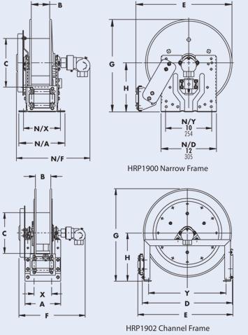 6 Spring Rewind Reels Standard HRP1900 series narrow frame Channel frame for heavy-duty applications must be specified. Non sparking ratchet locks reel.