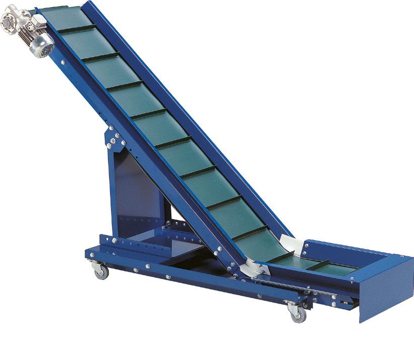 12 TMI-IC BELT CONVEYOR c/w FLIGHTS WITH ADJUSTABLE ANGLE UP TO 20 KG ON THE CONVEYOR The conveyor belt TMI-IC has flights, which allows for small parts (metal, plastic, cardboard ) to be elevated