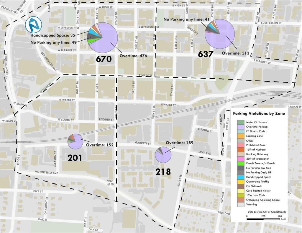 Based on street name and quadrant of the city, parking violations were mapped for each zone in the study area (Figure 38).