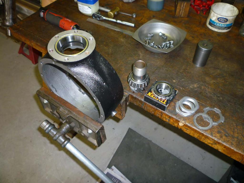 The next effort is to install the pinion gear assembly in the banjo and set the pre-load on the two pinion bearings. In the photo the pinion gear assembly is ready to install in the banjo.