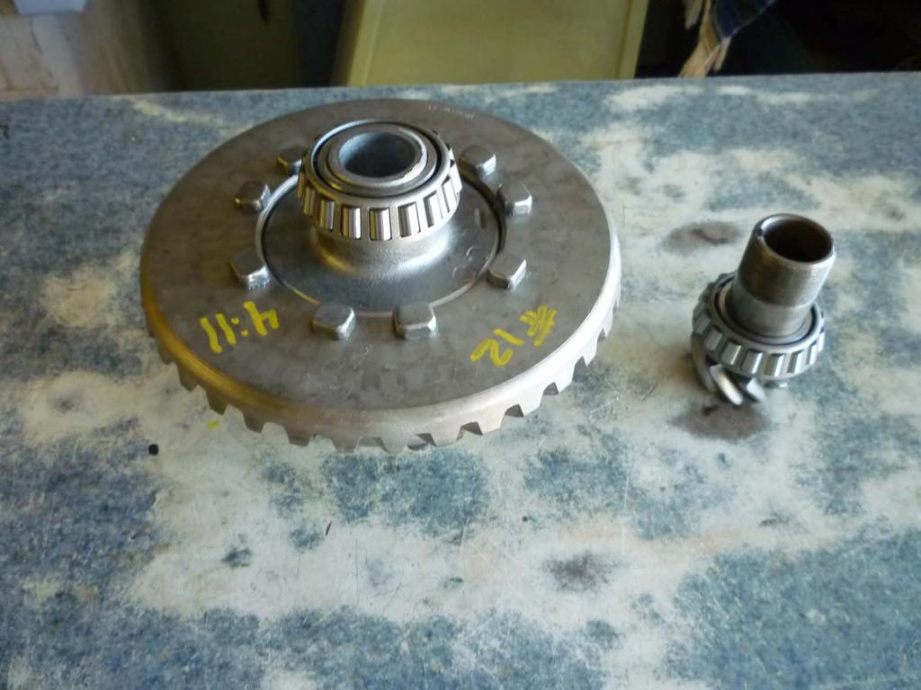 Another view of the 411 ring and pinion gear set. This is an original Henry Ford gear set. The first pinion bearing should seat with an interference press fit just behind the gear.