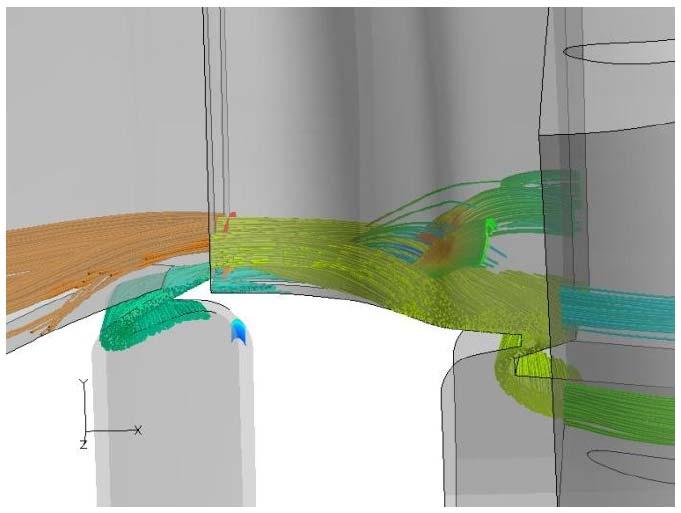 224 Figure 9-15: Streamlines of seeded coolant, Guijarro Valencia et al (2012) Secondly, the egressed air was seen to be drawn into the vortices from the trailing edge of the first row of rotor