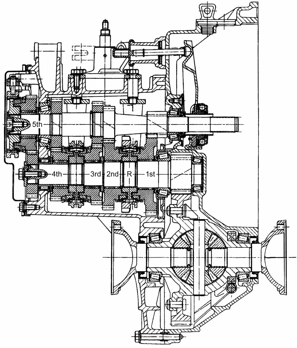482 12 Typical Designs of Vehicle Transmissions Fig. 12.1. 5-speed manual passenger car gearbox VW MQ, gearbox diagram Figure 6.