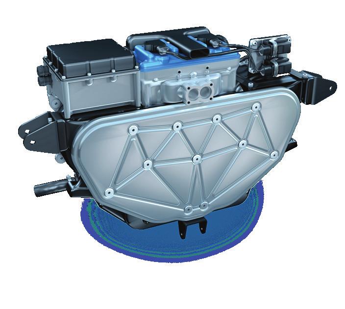 Power transmission To overcome the vibration challenges of a two-cylinder engine, a novel twin crankshaft configuration was selected. Contra- rotating crankshafts allow for optimized mass balancing.