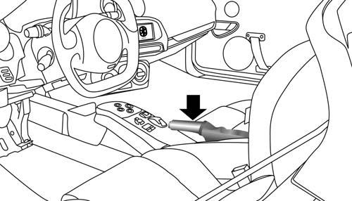 pull the parking brake lever up slightly, press the center button, then lower the parking brake lever completely.