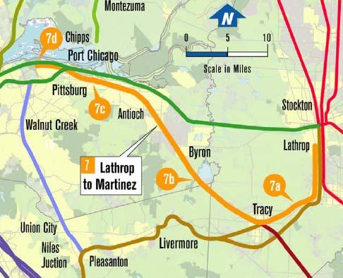 CORRIDOR 7 LATHROP TO MARTINEZ 7a) Lathrop to Tracy (10 miles) No current service, but being studied as part of the Altamont High Speed Rail Study 2 3 trains per day 7b) Tracy to Antioch (30 miles)