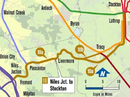 CORRIDOR 10 NILES JUNCTION TO STOCKTON 10a) Niles Junction to Stockton (63 miles) Owner: UPRR ACE operates 8 trains per day ACE projects future short-term growth to 12 trains per day, and long-term