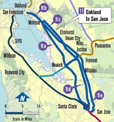 CORRIDOR 11 OAKLAND TO SAN JOSE Subdivisions: 11a) Coast Subdivision (34 miles) 11b) Niles Subdivision (31 miles) 11c) Oakland Subidivision (20 miles) 11d) Warm Springs Subdivision (18 miles) 11e)