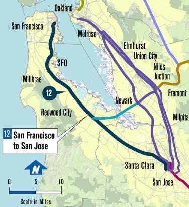 CORRIDOR 12 SAN FRANCISCO TO SAN JOSE Length: 47 miles Ownership: Caltrain (PCJPB) Caltrain operates 98 trains per day Projected growth in Caltrain service up to 132 trains per day by 2025, in