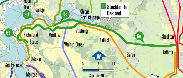 CORRIDOR 6 STOCKTON TO OAKLAND 6a) Stockton to Port Chicago (43 miles) Ownership: BNSF 8 Amtrak long distance& San Joaquin trains per day 18 trains per day Continue BNSF ownership for freight &