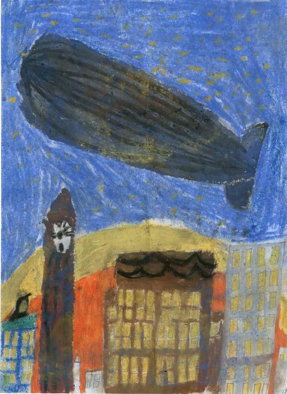 I drew this picture of an airship,cityscape and Big-Ben with an Oil pastels/ pastels