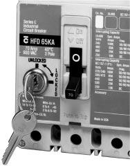 (Trip-free operation allows the circuit breaker to trip when the handle lock holds the circuit breaker handle in the ON position.) The hasp mounts on the circuit breaker cover within the trimline.