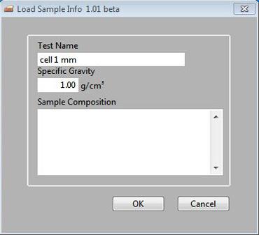 Enter a test name and a specific gravity (1.00 g/cm 2 ).