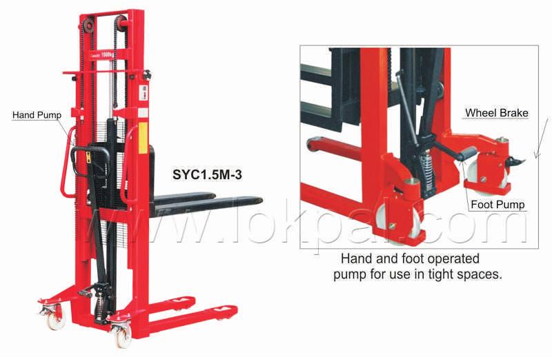 MANUAL STACKER Easy to move fitted with Hard Polymer Wheels Fully Powdered Coated Body Rubber Coated Handle Hand & Foot Operated Pump for use in tight spaces Fitted