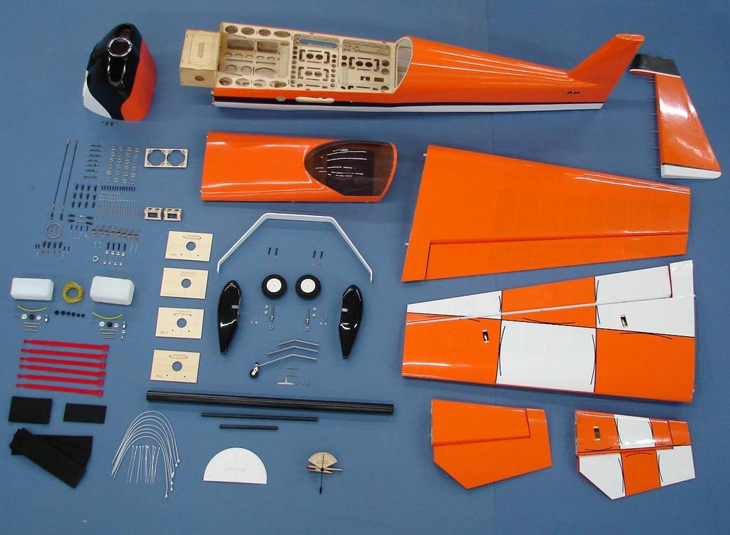 KIT CONTENTS 100cc Edge 540 ARF-QB BASIC AIRCRAFT PARTS: Fuselage with pre-installed vertical fin covered, firewall fuel-proofed, pre-drilled three holes for the tail wheel assembly:: (4) 8-32 blind