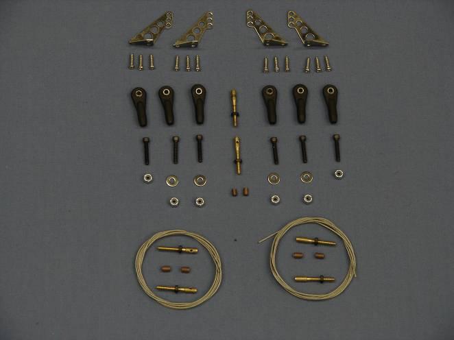 (2) Rudder cables (6) 4-40 ball links with hardware (4) Flat washers (6) threaded couplers (6) brass swaging