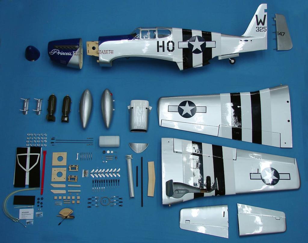 KIT CONTENTS 50cc P-51B Mustang Materials List BASIC AIRCRAFT PARTS: Fuselage with pre-installed vertical fin covered, firewall fuel-proofed, (6) 4-40 blind nuts installed for the mounting of cowling