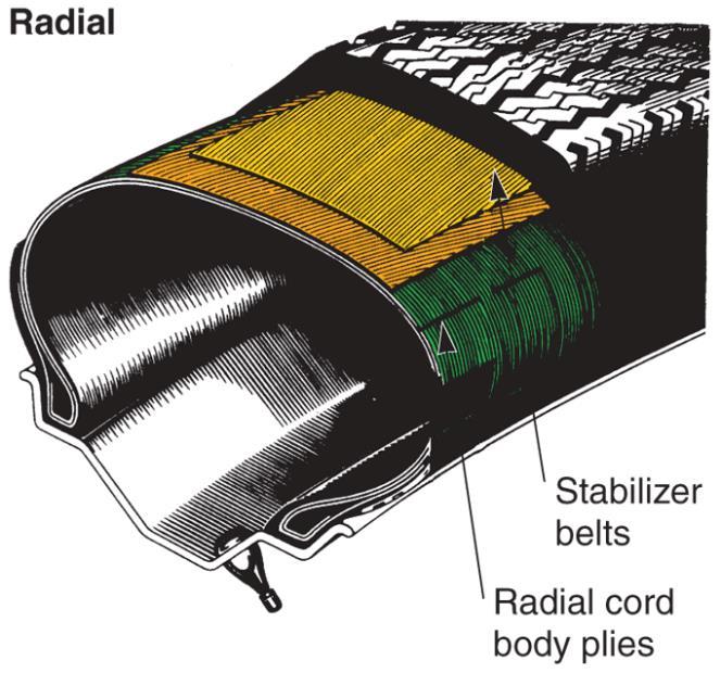 Radial Ply Tire Plies running straight across from bead to bead, with stabilizer belts directly beneath tread Very