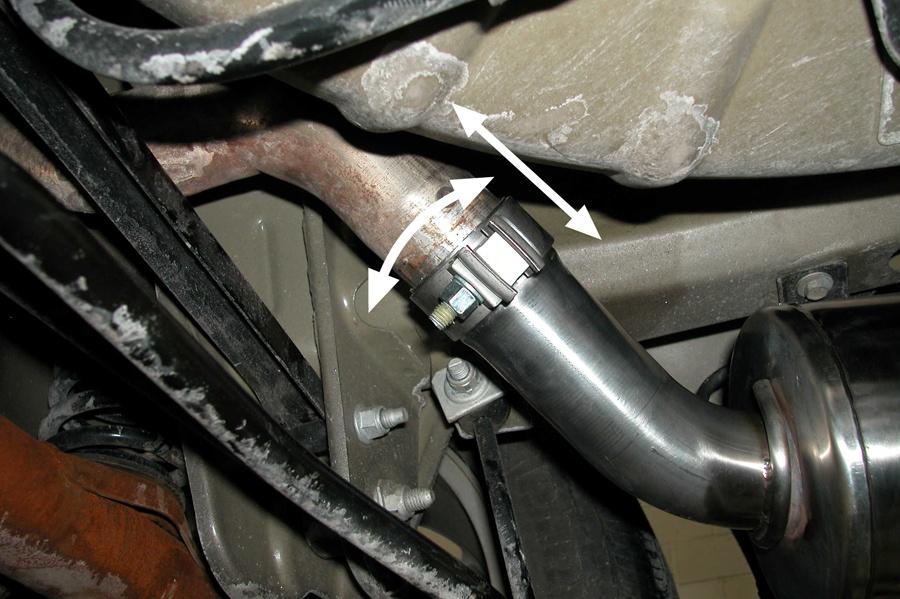 Both rotational adjustments and linear adjustments can be made where the CORSA Performance mufflers connect to the factory over the axle pipes (See Fig. O).
