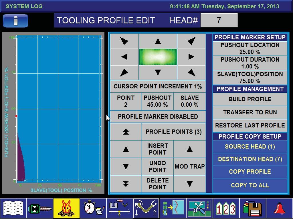 Generating a profile by using the Tooling Profile Edit screen in the Compact Logix system is also done by entering up to 20 master points and selecting mathematical functions to connect the points.