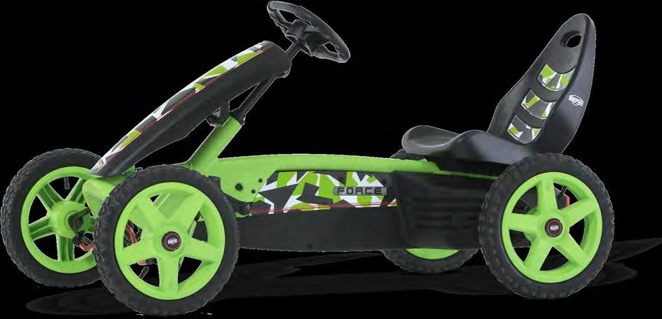 A unique and safe element of this go-kart is the BFR-system, enabling you to brake with the pedals and, after coming to a standstill, immediately pedal backwards.