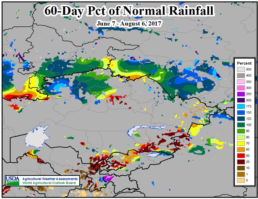 WMO CPC Volga 150% Urals 100% 80% Russia 100% 70% 100% Siberia 150% 100% Kazakhstan The 60 day rainfall map indicates most spring wheat areas received