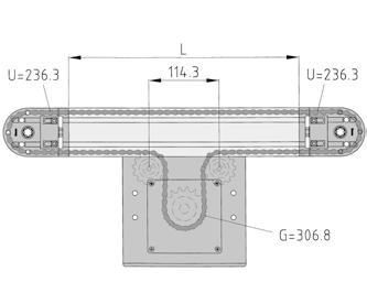 Calculating the chain length for a chain drive with two Chain reverse Units 8 80 and one Chain Counter-reverse Unit 8: Chain Guide Profile 8 encloses the Chain.